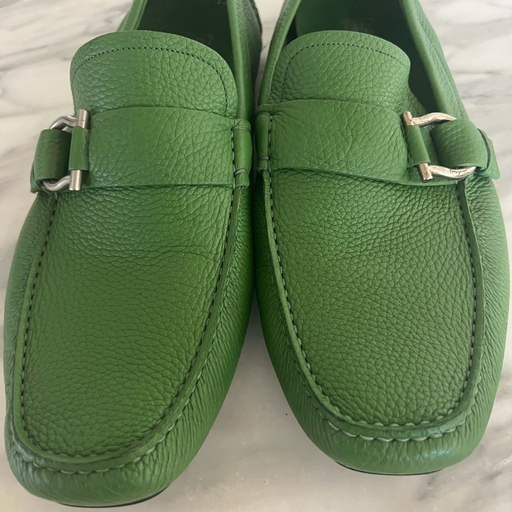 Ferragamo Men’s Driving Loafers in green soft leather- size 12.